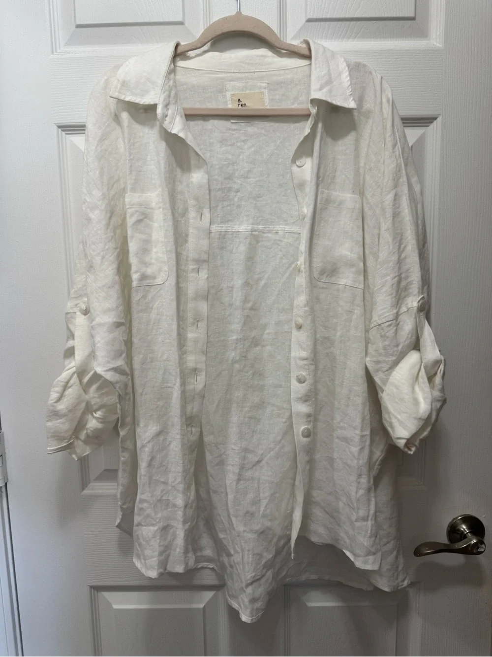 a.ren 100% Linen Boyfriend Shirt White Oversized Resort Beach CoverUp Size Large - Picture 3 of 15